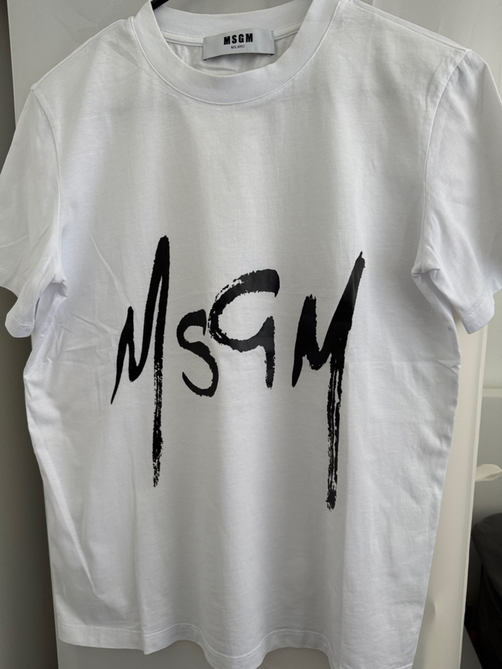 MSGM White Tee with Black Brushstroke Logo